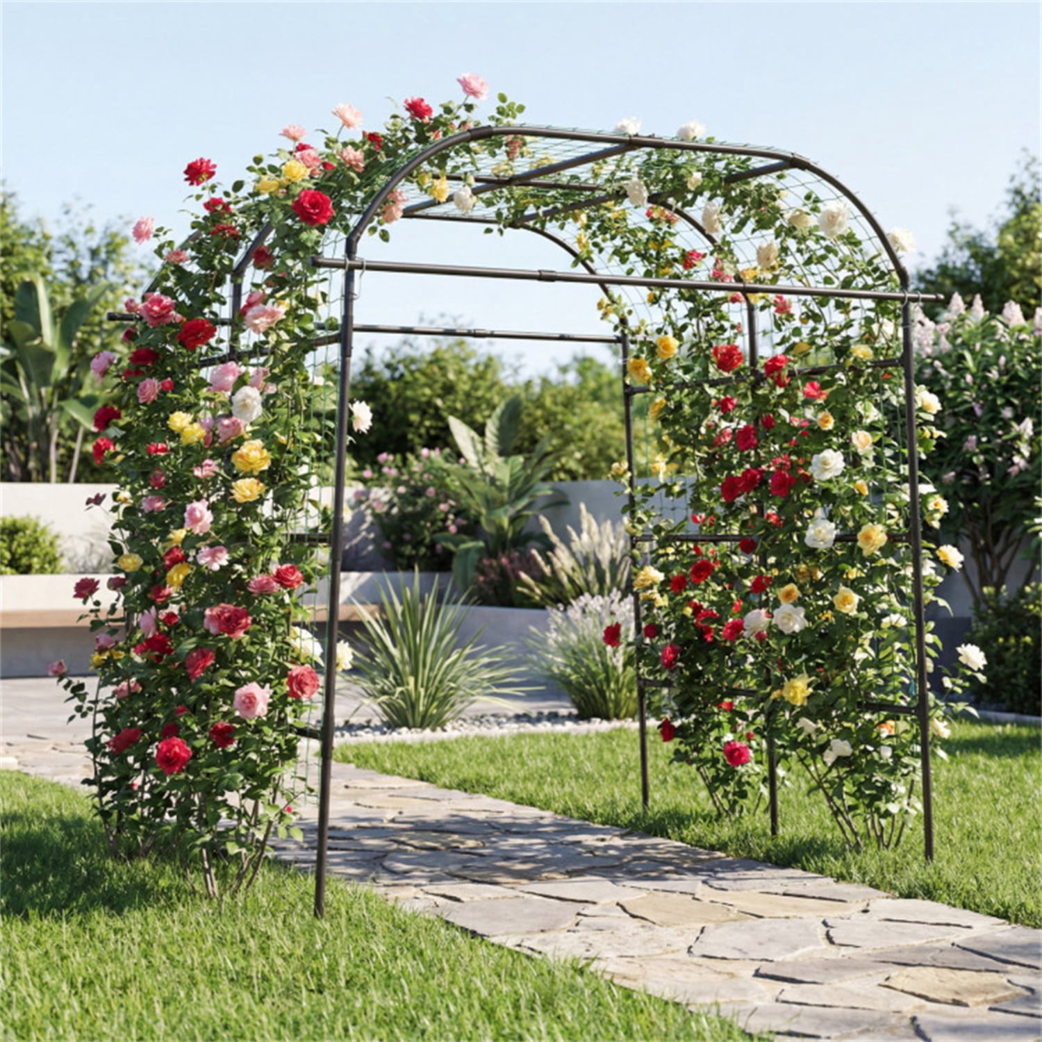7.5 Ft Adjustable Garden Arch Trellis for Climbing Plants, PE-Coated Metal Tunnel Trellis for Cucumber Grape