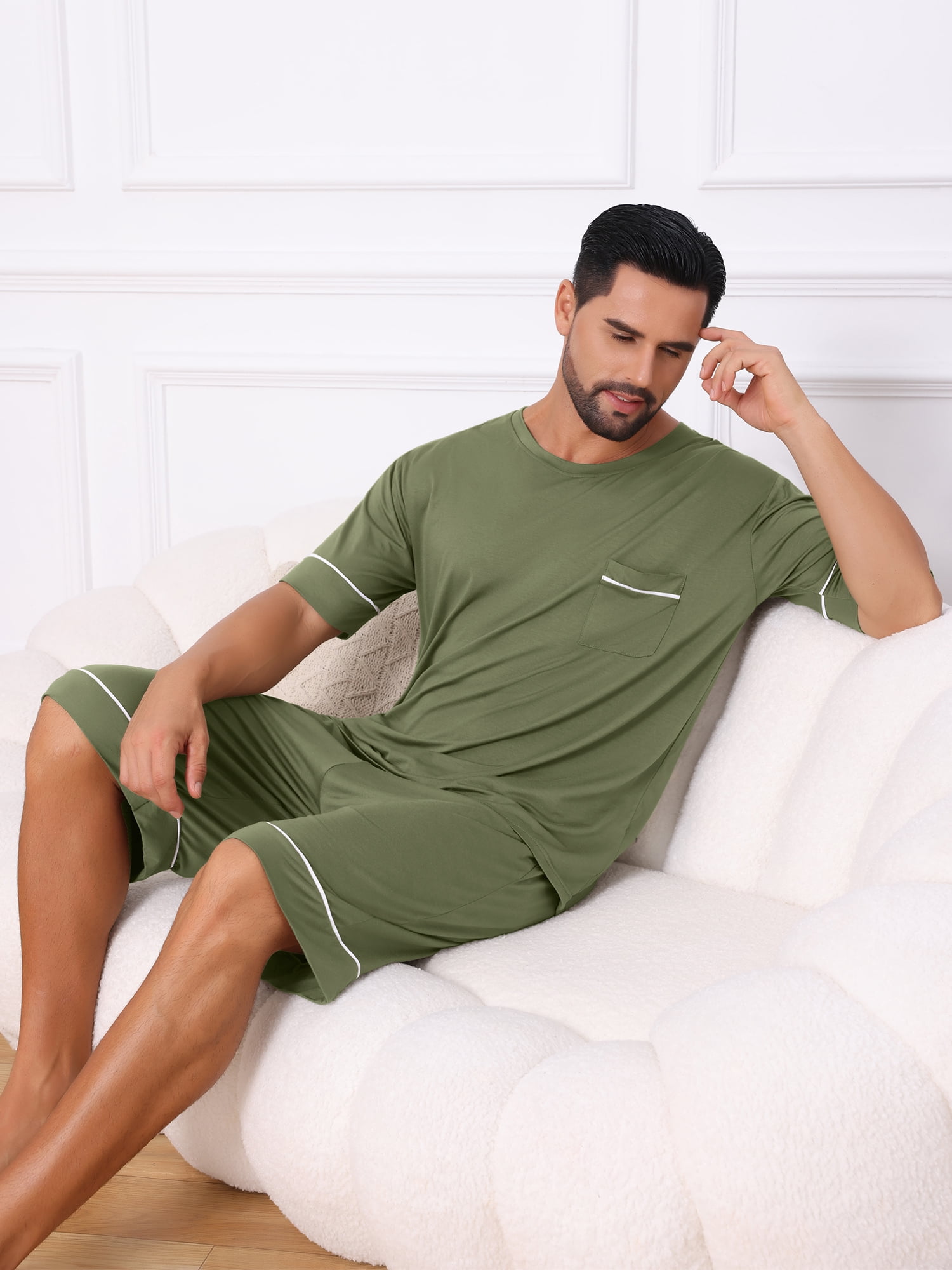 DARING DIVA Men's Soft Nightwear Summer Crew Neck Pajama Set with Pockets L Olive Green