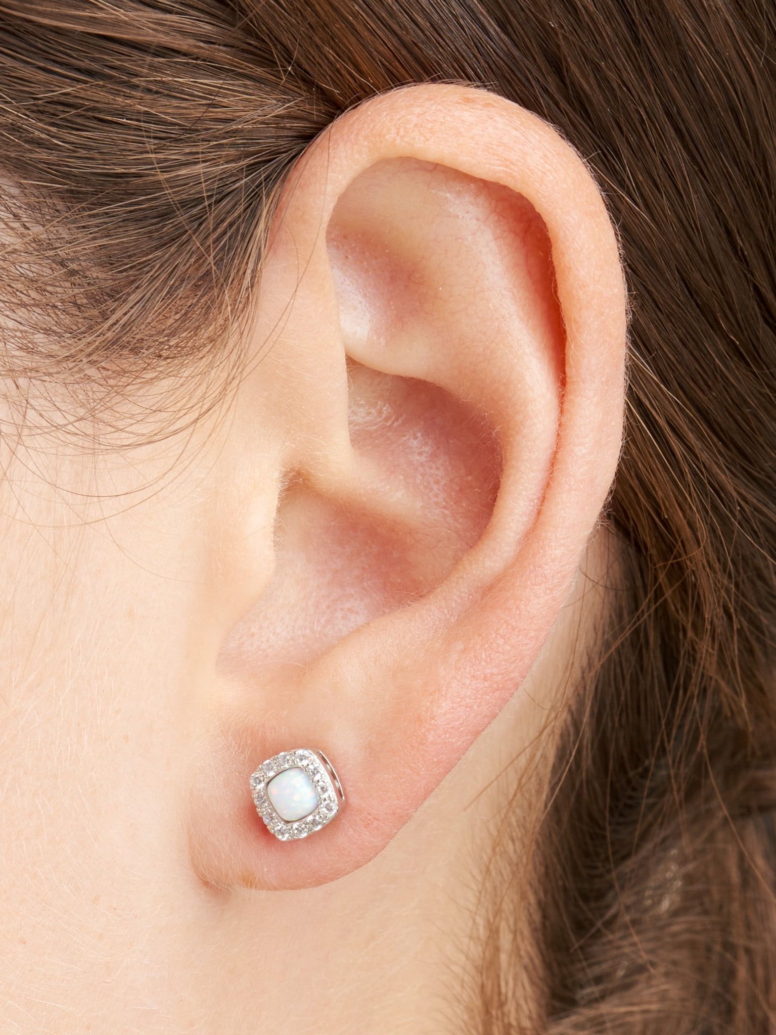 Forever Facets Women's Platinum over Sterling Silver Created Opal and CZ Stud Earrings
