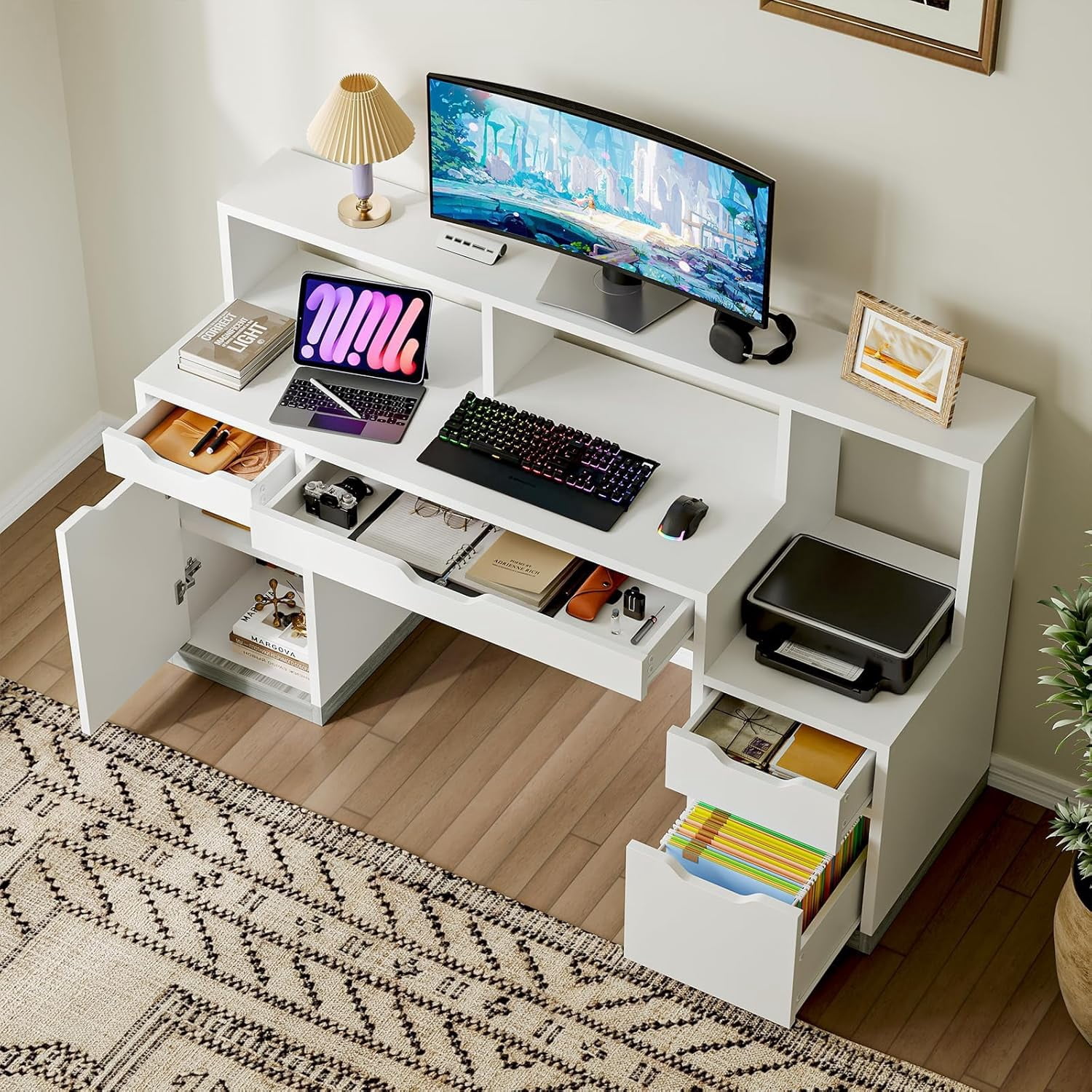 DreamCurship 58 inch White Desk with Drawer, Computer Desk with Hutch and File Cabinet, Executive Desk with Long Monitor Stand & Storage Shelves, White