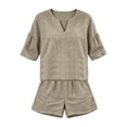 thumbnail image 5 of Women's Cotton Elastic Waist Two Piece Outfit V Neck Ruffle Short Sleeve Top with Shorts, Solid Casual Summer Set, Lounge Maternity Activewear Shorts | VerBelle,Khaki L, 5 of 8