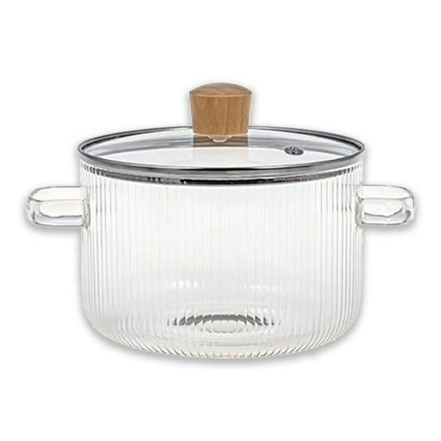 1.6L High Borosilicate Glass Stovetop Pot with Ribbed Design & Wooden Bead Lid - Multipurpose Cookware for Soup, Stew, Baby Food, Pasta & Salad Serving - Transparent, Non-Stick, Dishwasher Safe