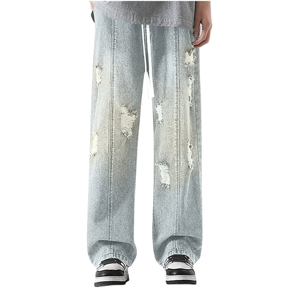 hotojiny Jeans for Men Loose Fit Stretch Ripped Skinny Denim Pants for Men Washed Drawstring Wide Leg Fashion Pants Streetwear