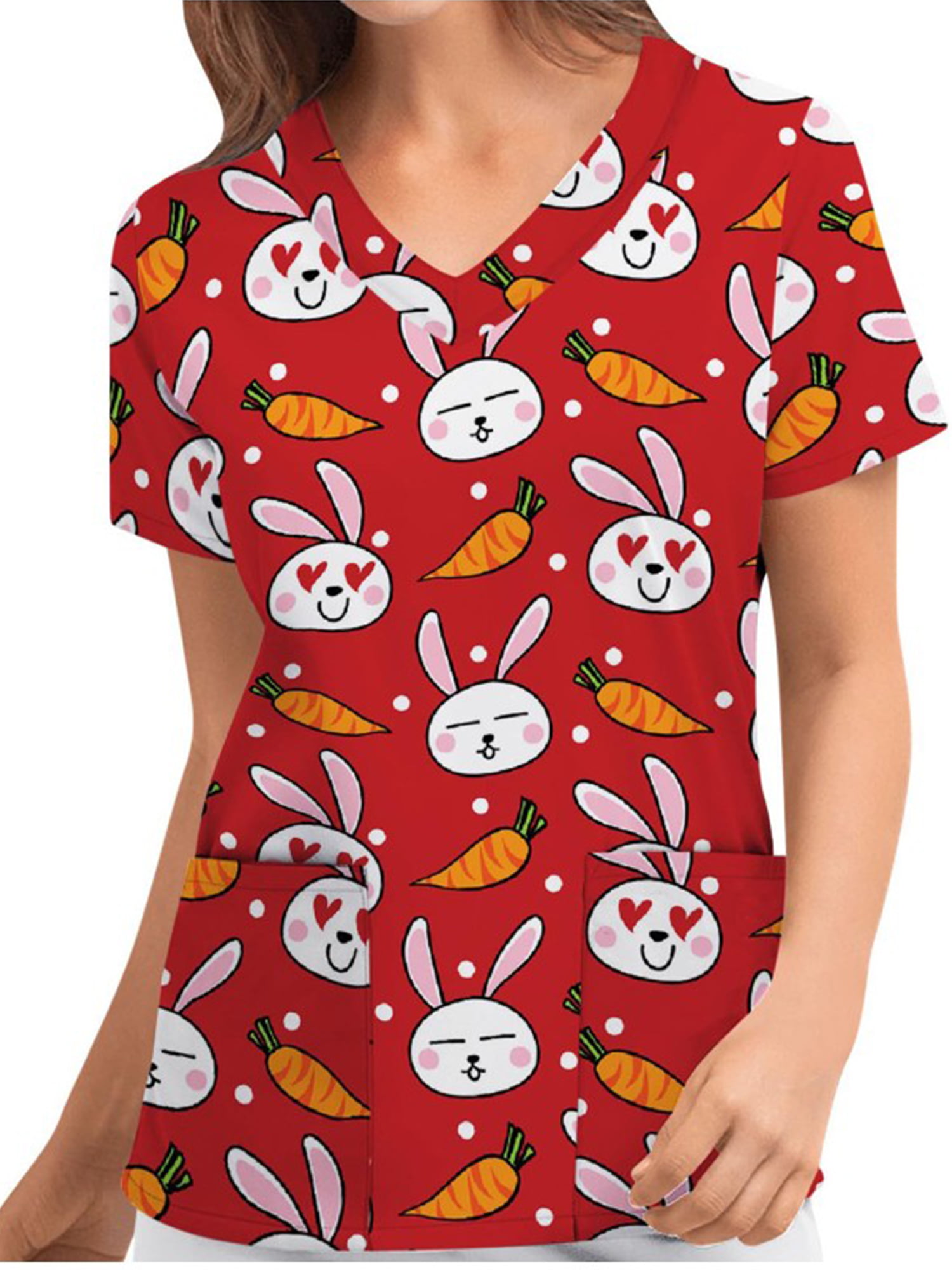 Women Cute Eggs Rabbit Printed Scrub_Tops Short Sleeve V-Neck Working Uniform Tops Tunic Easter Day Scrub_Tops for Women 