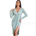 thumbnail image 1 of Femmes Froncé Wrap Robe Manches Longues V Cou Fendue Ourlet Drapé devant Midi Bodycon Robes Tricot Fendue Robe de Soirée, Petite, 1 of 6