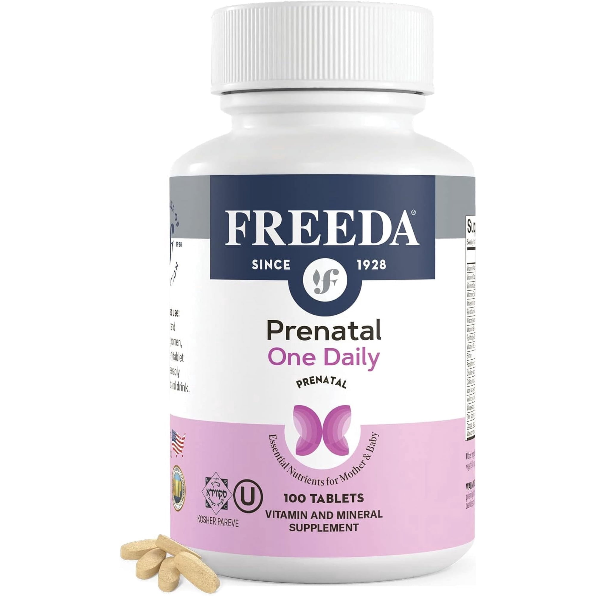 Freeda One Daily Prenatal Vitamin with Iron & Methylfolate (Folic Acid) | Support for Mom & Baby | Vegan, Gluten Free | 100 Tablets
