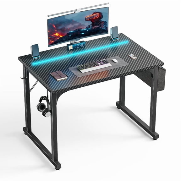 32" Gaming Desk with Waterproof LED Lights for Bedroom,Small Desk with Carbon Fiber Desktop,Storage Bag & Headphone Hook,Study Computer Desk for Teens,Home Office,Small Spaces,Black
