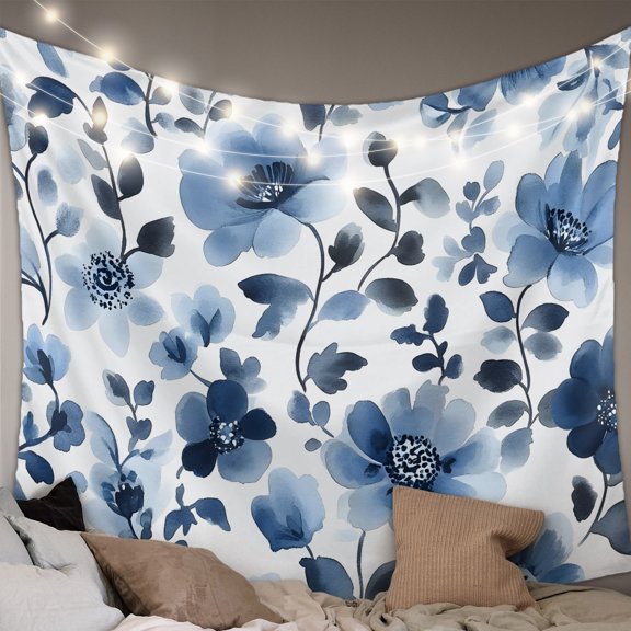 Blue Flowers Tapestry for Bedroom Wall Hanging Tapestry, Spring Rustic Watercolor Floral Leaves Ceiling Backdrop Tapestries Poster Blanket Wall Decor for Teens Room Living Room Dorm 59" x 90"