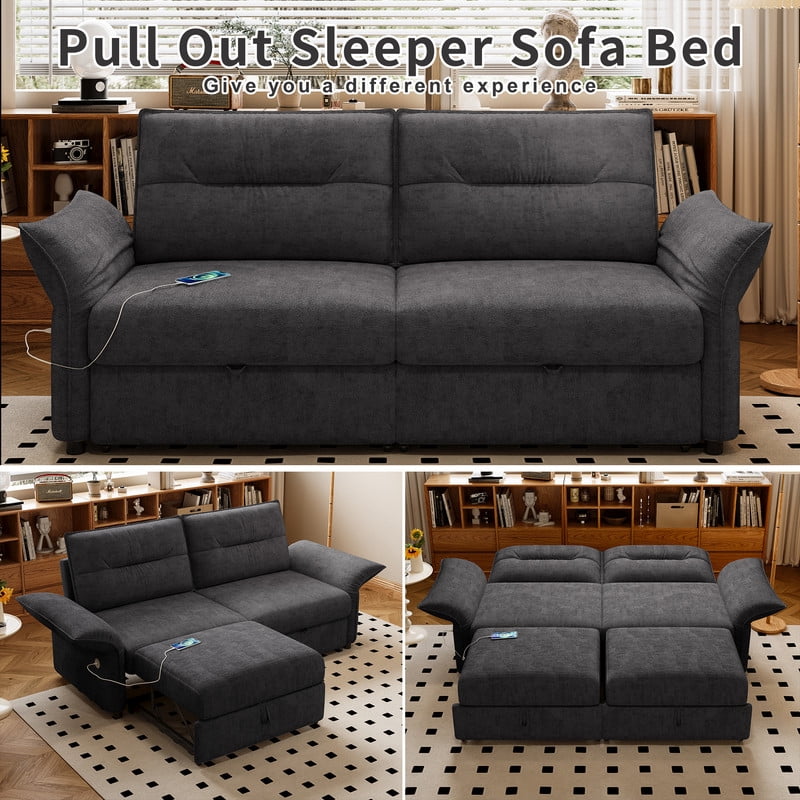 85" Convertible Sofa Bed, 2-in-1 Sleeper Sofa with Plush Fabric, Full-Size Pull-Out Couch with USB Charging Ports, Solid Wood Frame, High-Resilience Foam for Living Room & Small Space