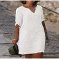 thumbnail image 1 of JUNWELL Robe Courte Vintage Unie Femme Mode Été Col en V Manches Trois Quarts Coton Lin Robes de Soirée Dames Décontracté Femme Vestidos, 1 of 7