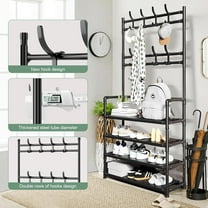 4 Tier Shoe and Coat Rack with Storage Shelf Freestanding with 8 Hooks for Entryway Bedroom Closet