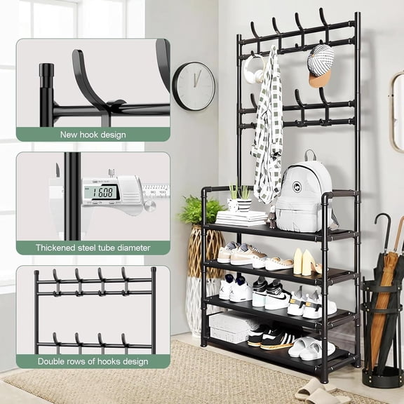 4 Tier Shoe and Coat Rack with Storage Shelf Freestanding with 8 Hooks for Entryway Bedroom Closet