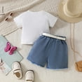 thumbnail image 4 of MEZZALL Toddler Little Girls Fringe & Bow Denim Set 3PCS Short Sleeve Tops + Shorts With Adjustable Waistband Summer Casual Outfits, White, 6-7 Years, 4 of 6