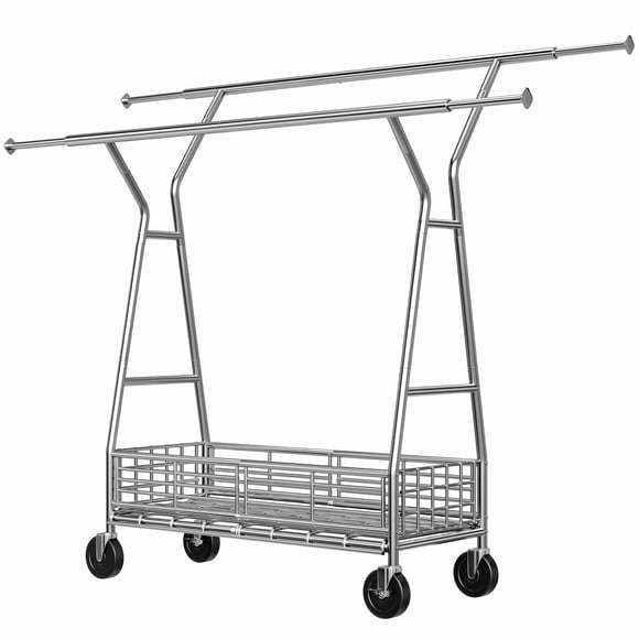 Exenoray Heavy Duty Double Rod Garment Rack with Storage Basket & Wheels, Adjustable Chrome Clothes Rack with Dual Height Hanging Bars, Rolling Clothing Organizer for Home & Laundry