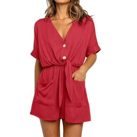 

Women s Summer Short Sleeve V-Neck Jumpsuit Rompers with Pockets Front Tie Knot Short Pant Rompers Pajamas Loungewear