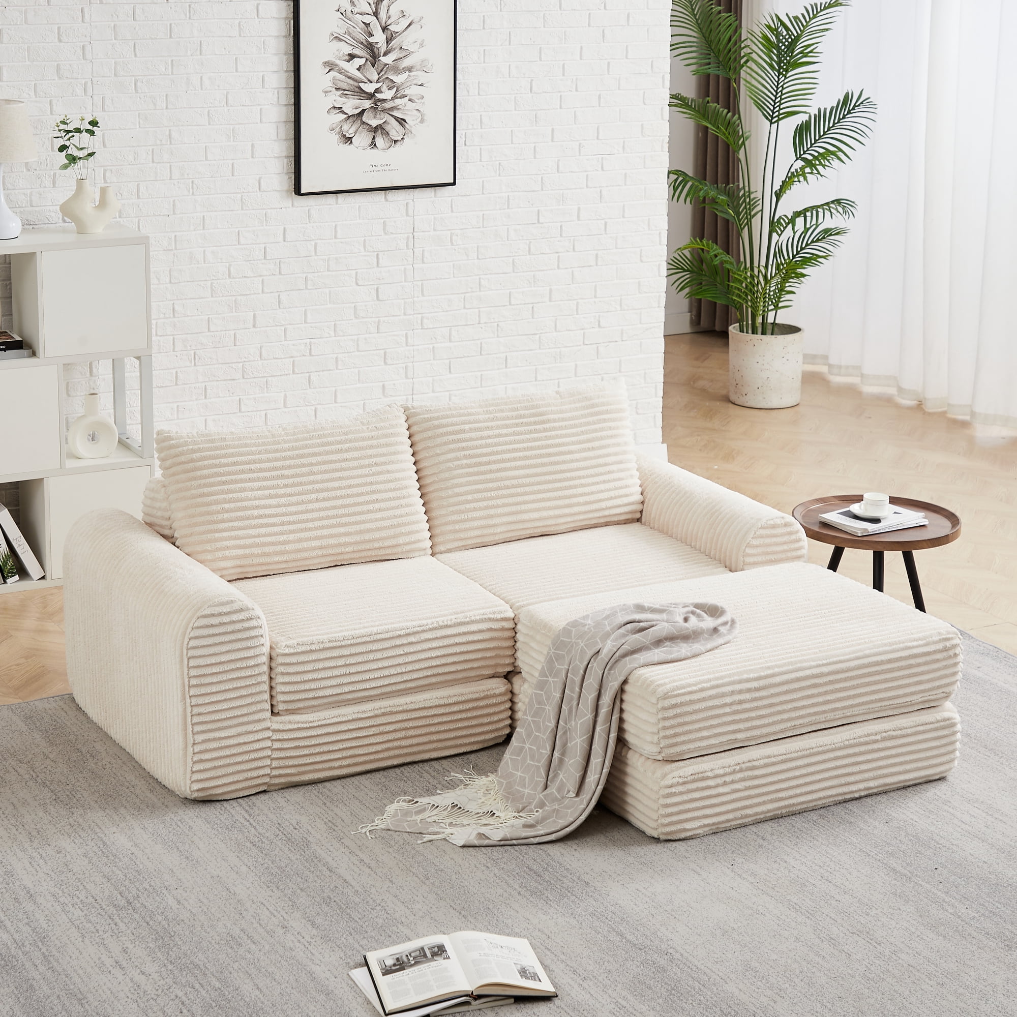 2-in-1 Corduroy Convertible Sleeper Sofa Bed with with Two Throw Pillows & Curved Lines for Living Room,Easy Assembly,Beige