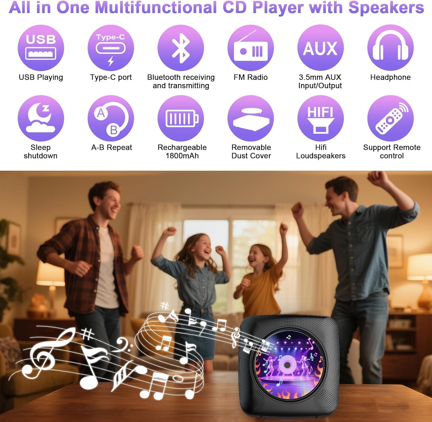 Gueray Portable CD Player Bluetooth: CD Players for Home Rechargeable Desktop Wall Portable CD Player with Bluetooth & Dual Speakers Music Player