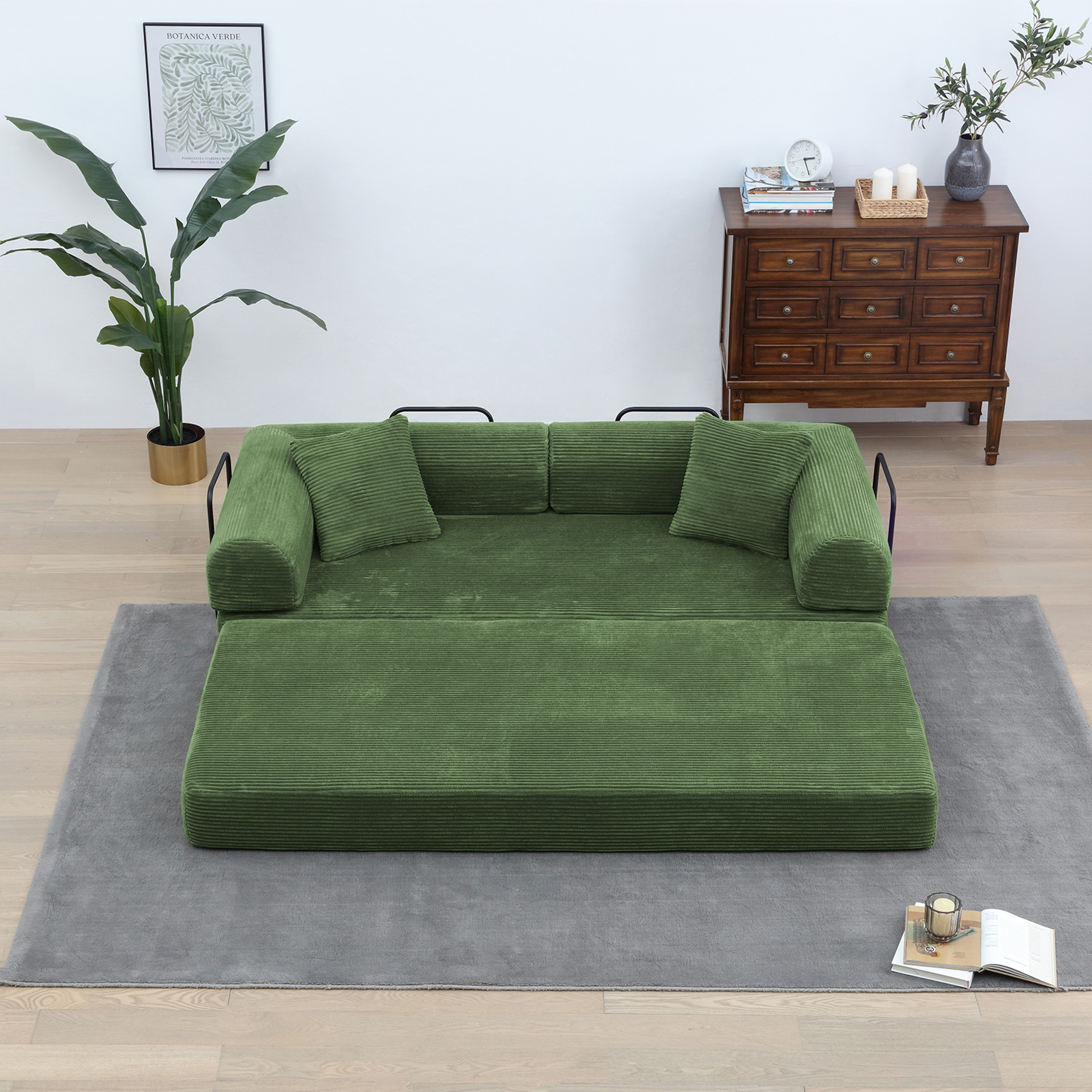 Miniyam Convertible Sleeper Sofa Bed with Cylindrical Pillow - Corduroy Folding Mattress Couch with Fixed-Shape Frame for Living Room, Bedroom, Lounge, Studio - Olive Green