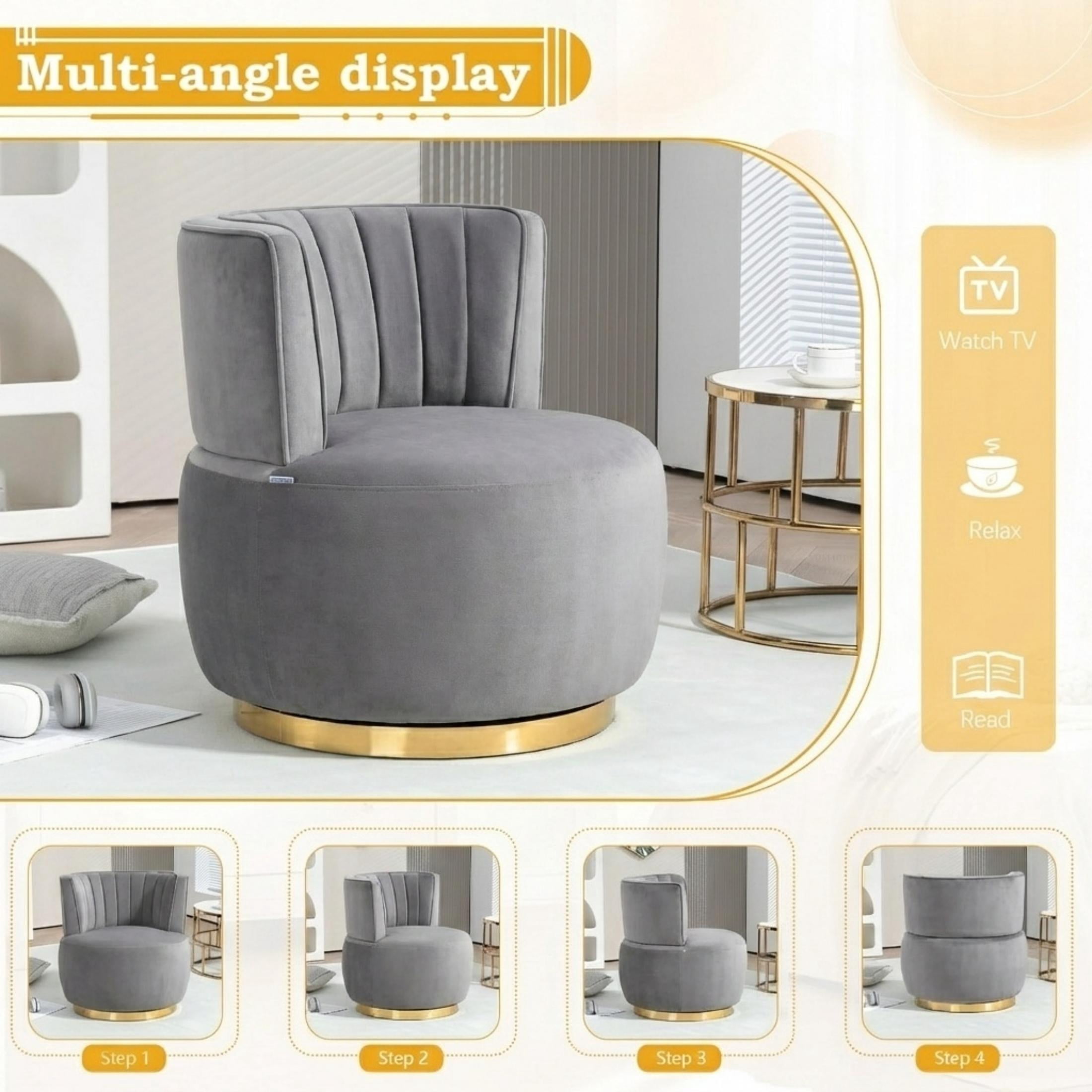 Aukfa 360-Degree Swivel Barrel Chair, Modern Velvet Round Accent Chair for Nursery and Living Room, Gray