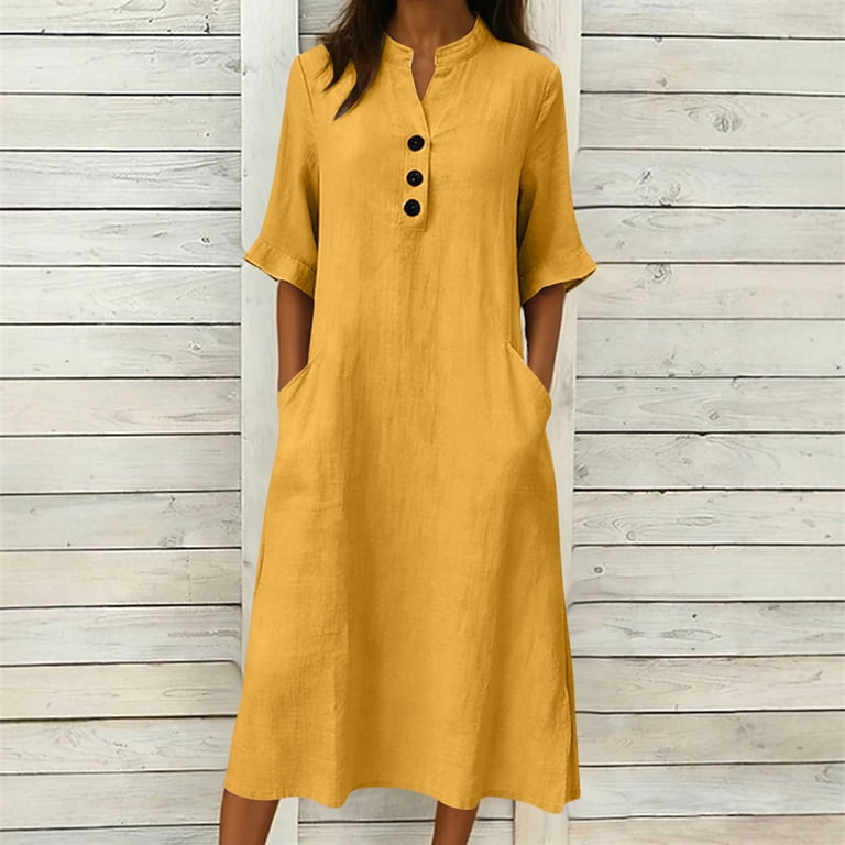 Oksale T Shirt Dress Women Casual Cozy Cotton Linen Midi Dresses with Pockets Dressy Button V Neck Summer Dress for Vacation Yellow XL, Women's