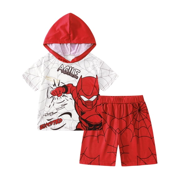 Fdqin Boys Shorts Sets 2Pcs Spider Print Sports Short Sleeve Hooded and Active Shorts Summer Outfits for Kids Red 7-8 Years