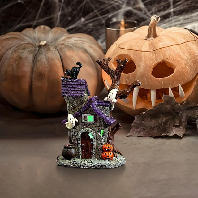 Adorno Luminoso de Tumba de Casa Fantasma de Árbol de Halloween | Decoración Artesanal de Resina para Halloween | Figura de Mecedora Luminosa | Adorno de Escritorio Espeluznante | Decoración para Fie