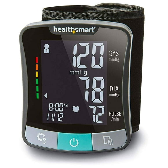 Monitor de presión arterial digital de muñeca HealthSmart Premium con brazalete que mide el pulso, la frecuencia cardíaca y la presión arterial alta o baja. Memoria para 120 lecturas. Almacena hasta 6