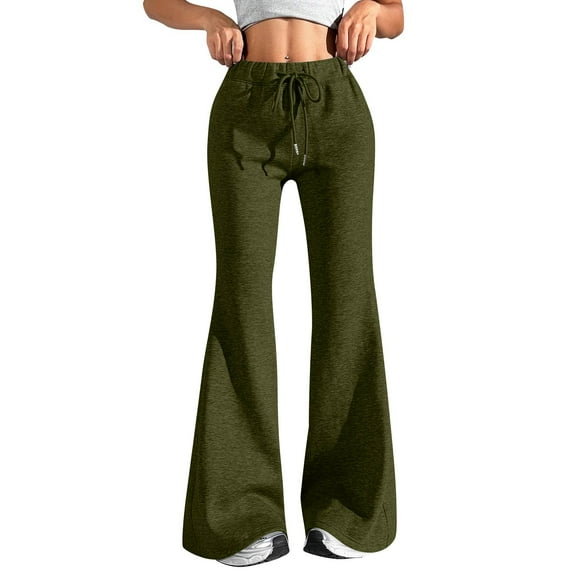 Cyglowse Women's Wide Waistband Sweatpants 2025 Trendy Baggy High Waisted Casual Trousers Flare Leg Pant Army Green 2XL