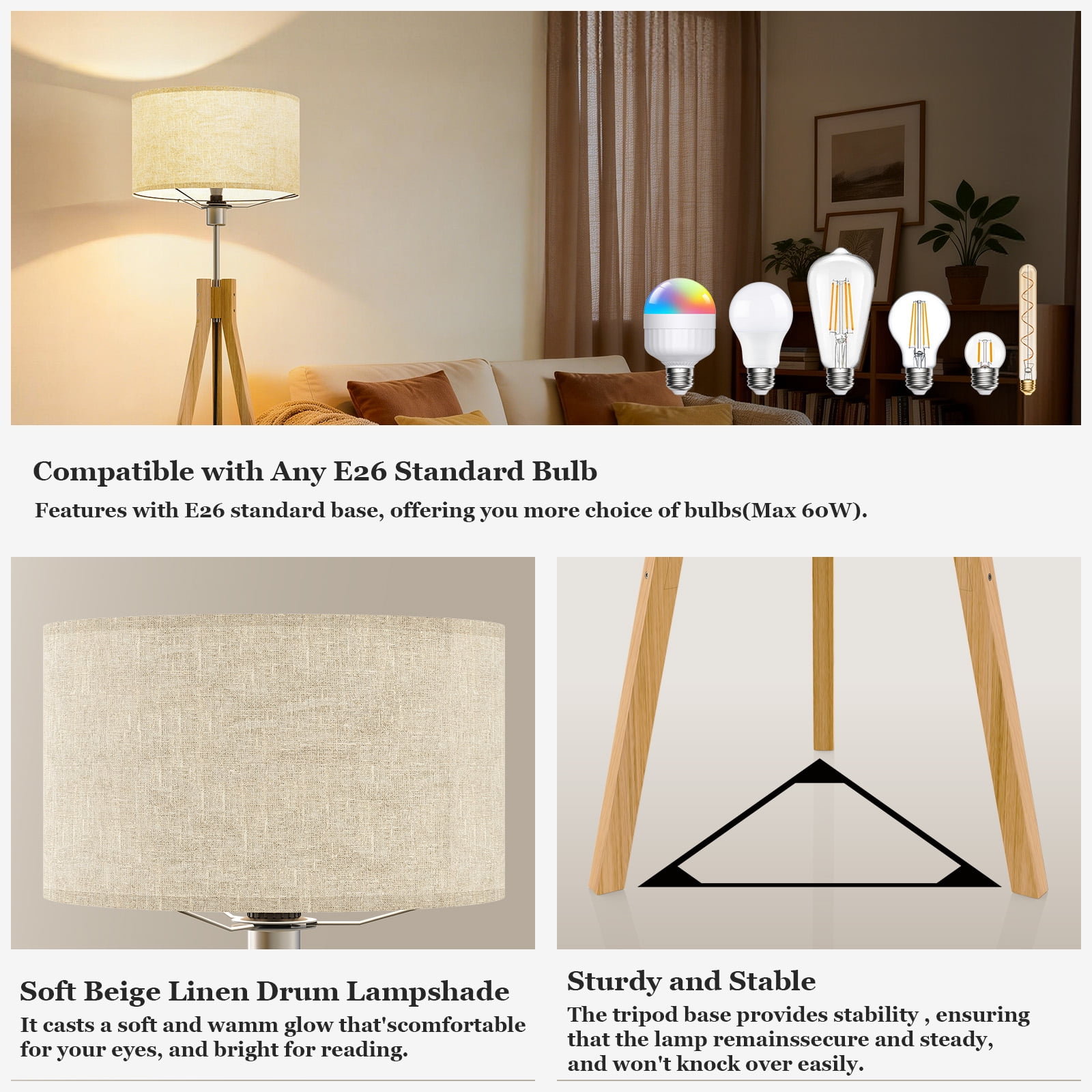 BLITZWILL Natural Wood Tripod Floor Lamp,Includes Light Bulb,E26 Base,LED Modern Dimmable Mid Century Standing Lamp,Flaxen Linen Shade,for Living Room, Bedroom, Office