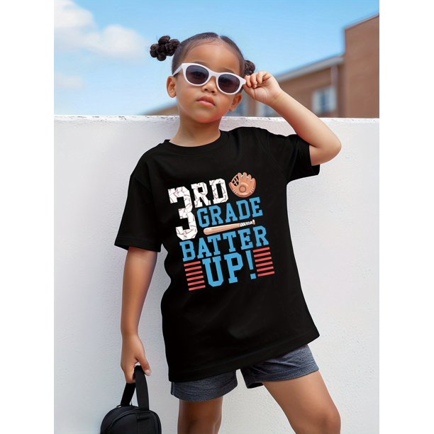 3rd Grade Baseball Fan Girl T-Shirt - "3RD GRaDe BaTTeR uP!" Graphic, 100% Cotton, Round Neck, Casual Summer Top for Young Girls, Baseball Theme Tee | Playful Print Top | Cotton Blend Shirt