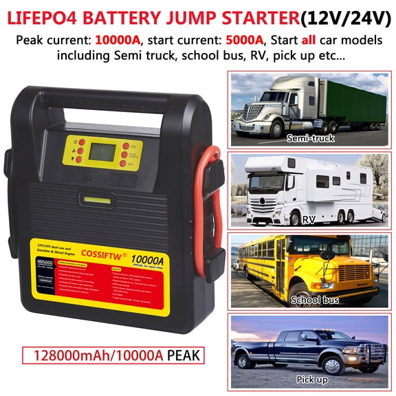 COSSIFTW 10000A Jump Starter High Capacity 128000mAh Heavy Duty 12V 24V Portable Jump Starter Power Bank for ATV Bus Lawn Mower Motorcycle Passenger Car RV Scooter Snowmobile Tractor Truck UTV Van