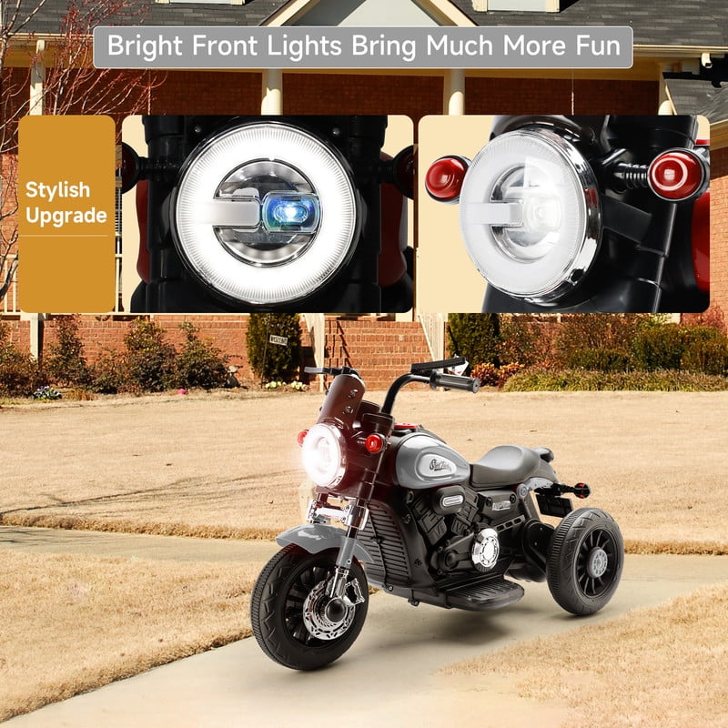 Bruce&Shark Kids Electric Motorcycle Ride-on Toy with Headlights, 3 Wheels Dual Motor Car for Children Boys Girls Gray