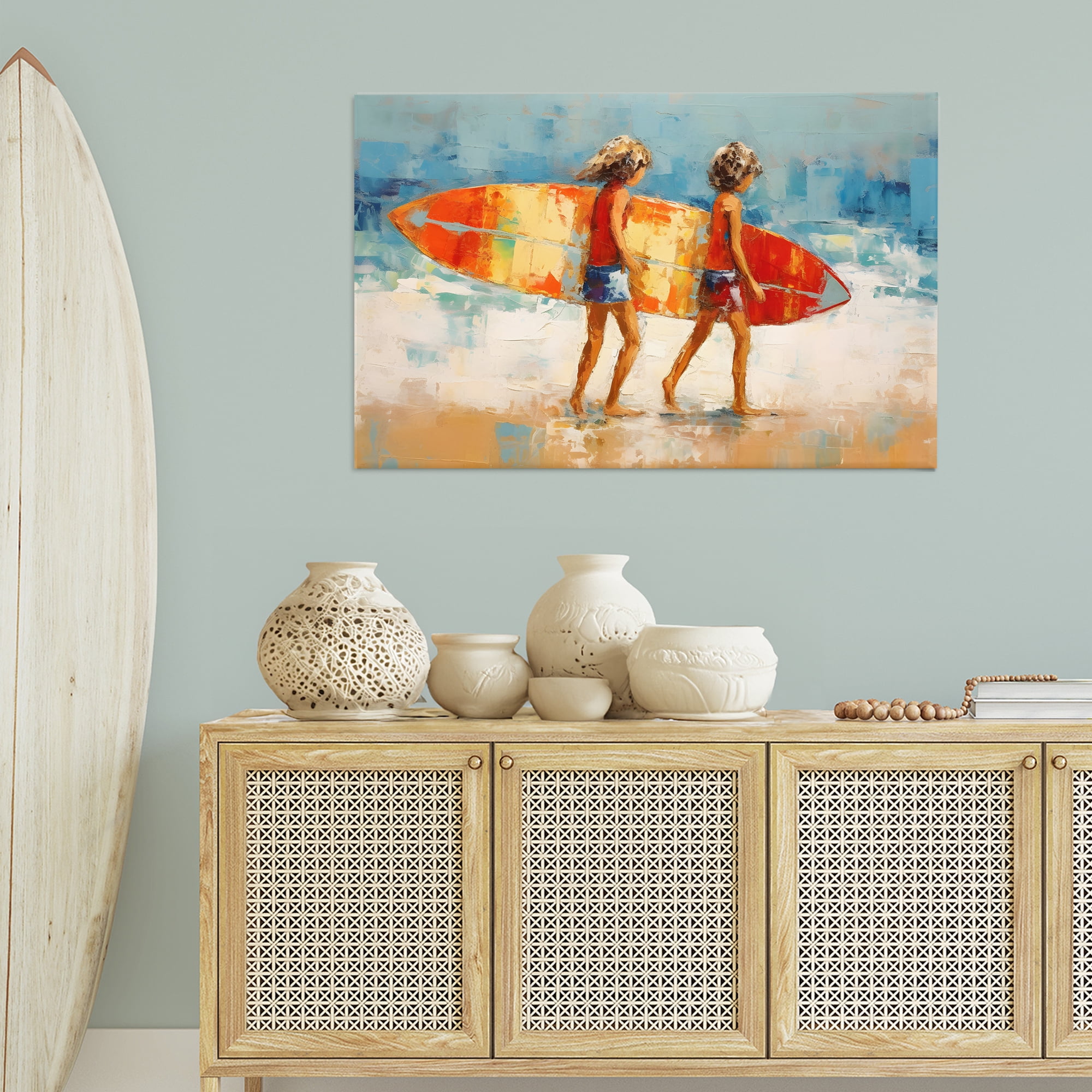 Stupell Industries Kids Holding Surfboard People Painting Wrapped Canvas Art Print Wall Art, 45 x 30