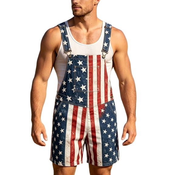 250th Anniversary American Flag Overalls Shorts for Men Patriotic Bibs Coveralls Loose Fit Casual Summer Jumpsuit for Fourth of July Festival Wear