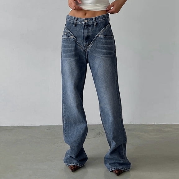 Vedolay Trousers Casual Women's Jeans High Waisted Wide Leg Baggy Casual Denim Pants,Blue M