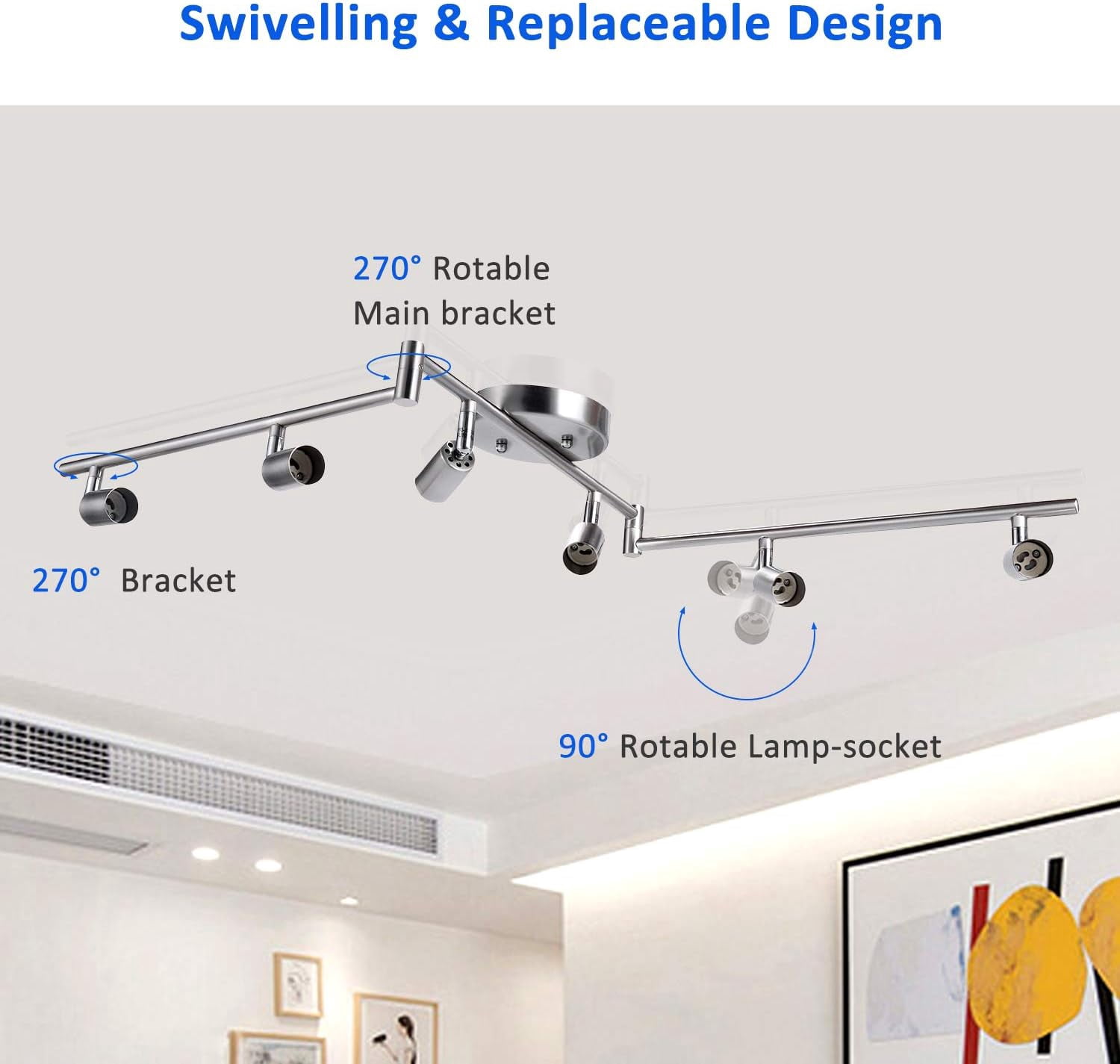 Rotatable LED Ceiling Light with 6 Way Spot Lights - Flexible Nickel Finish Ceiling Lights for Bedroom and Living Room, Protective Bulb Trims (GU10 Bulbs Not Included)