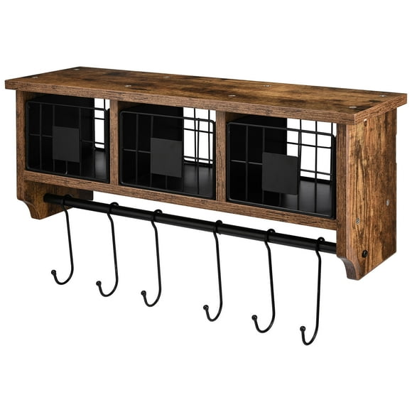 Wall Mounted Floating Shelves, Coat Rack Hanging Coffee Bar Shelf with 6 Hooks and Movable Metal Basket for Bedroom Living Room