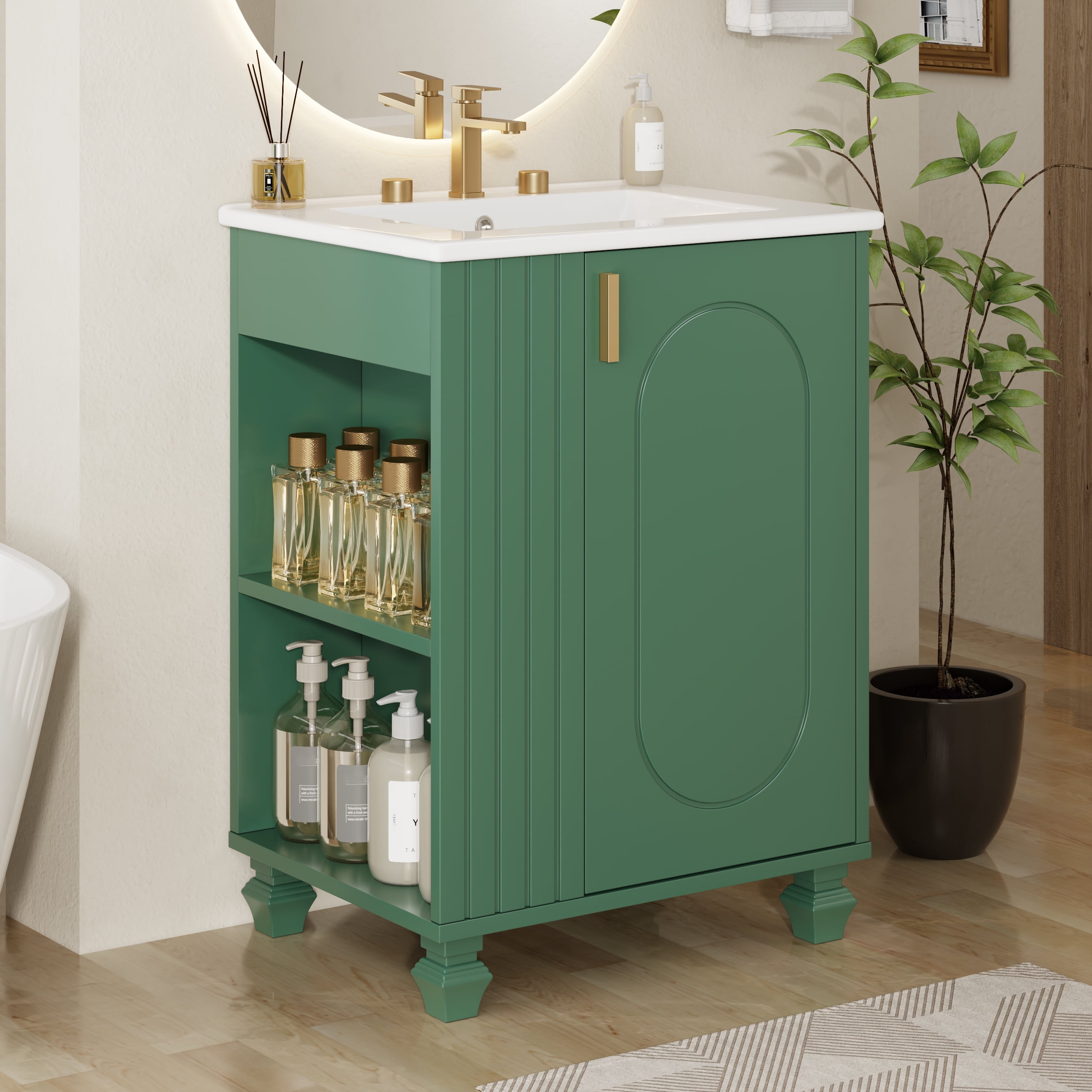 Euroco 30" Freestanding Bathroom Vanity with Ceramic Sink, Solid Pine Wood Frame, Soft-Close Door & Shelves – Modern Storage Cabinet with Open Back for Easy Plumbing (Faucet Not Included)