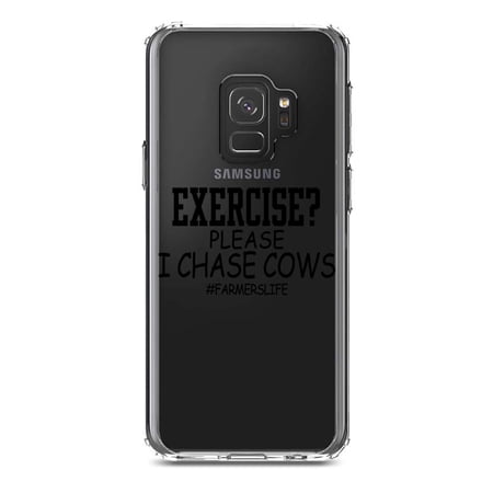 DistinctInk Clear Shockproof Hybrid Case for Samsung Galaxy S9 (5.8 Screen) - TPU Bumper Acrylic Back Tempered Glass Screen Protector - Exercise? Please I Chase Cows