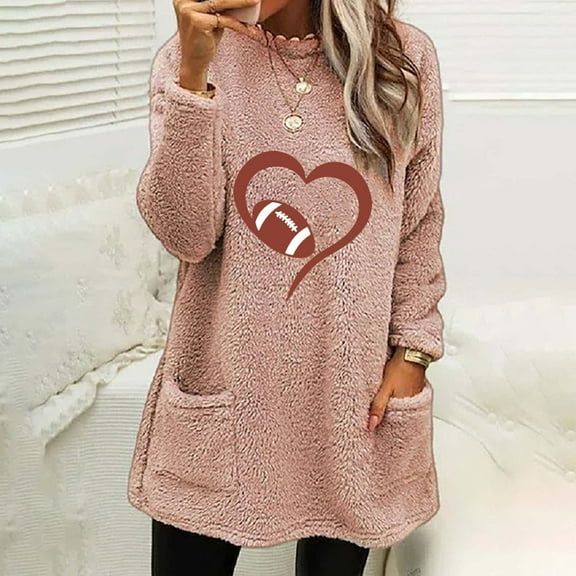 Jacenvly Workout Tops For Women Long Sleeve Heart-Shaped Print Crewneck Sweatshirt For Women Pocket Loose Casual Warmth Comfort Pullover Sweaters