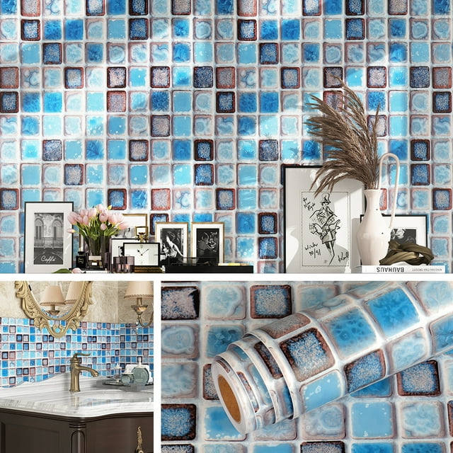 Livelynine Waterproof Bathtub Vinyl Roll, Blue Mosaic 16"x80" Contact ...