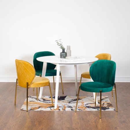 White Round Dining Set with Chairs | Soft Velvet Seating Cozy Dining | Rubberwood and MDF Gold Metal Frame | Provides Comfort in Small Dining Spaces