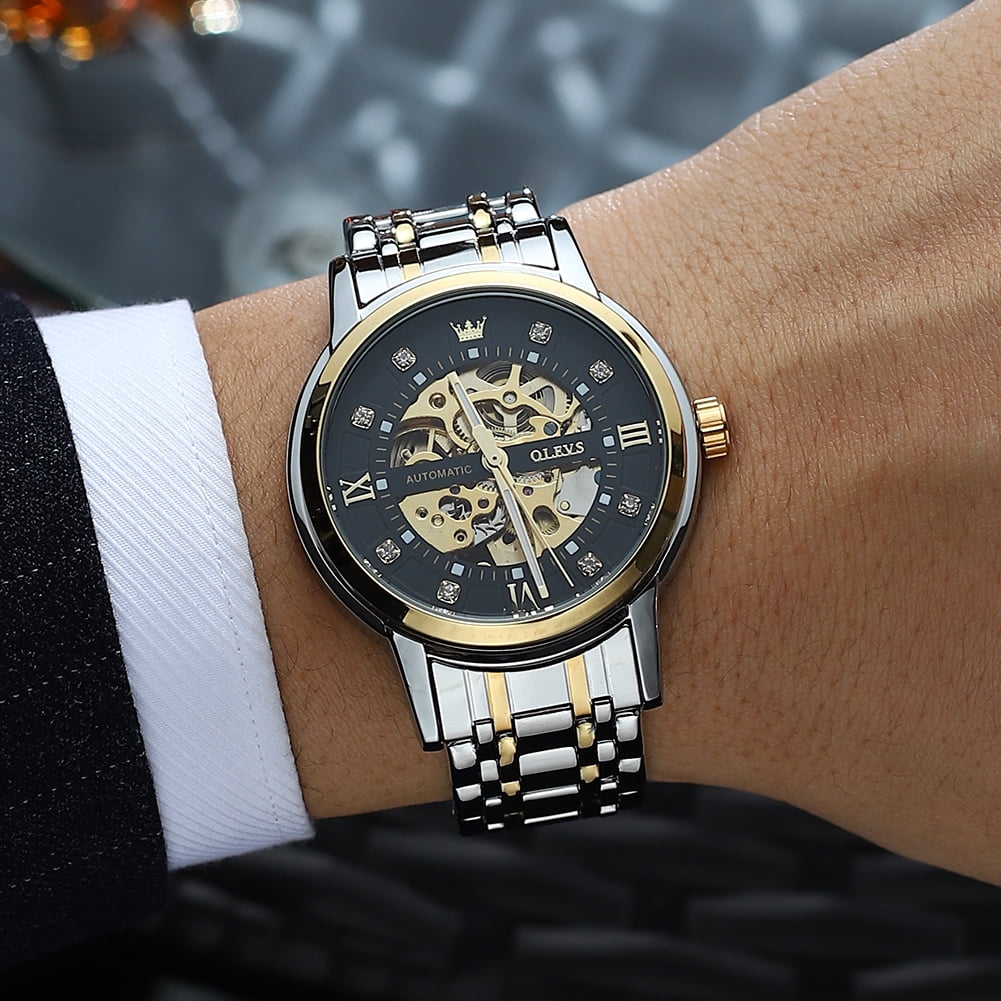 OLEVS Skeleton Watches for Mens Automatic Mechanical self Winding Diamond Luxury Business Dress Stainless Steel Waterproof Luminous Mens Wrist Watches Reloj Para Hombre Blue/White/Black/Gold Dial