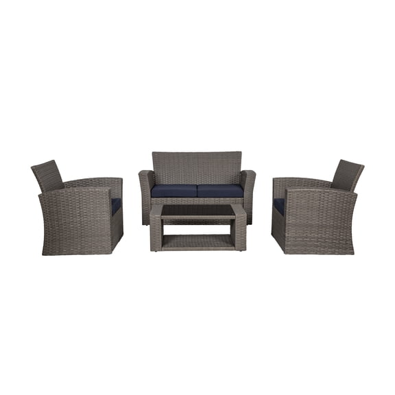 WestinTrends 4pc Outdoor Furniture Conversation Sofa Set with Loveseat, Cofee Table and Cushions, All Weather UV Resistant Rattan Wicker Patio Chairs, Gray/Navy Blue