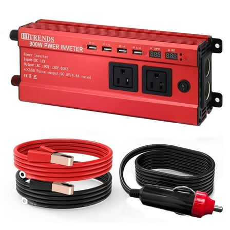 900W Car Power Inverter 12V to 110V, DC to AC Converter with 4 USB Ports (24W) & 2 AC Outlets