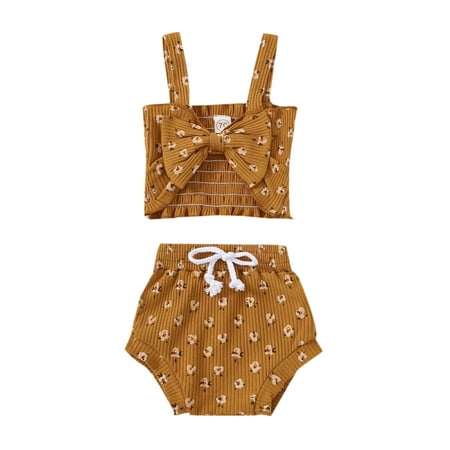

TheFound Newborn Infant Baby Girls Summer Clothes Bowknot Floral Print Strap Vest Crop Top Shorts 2pcs Outfits