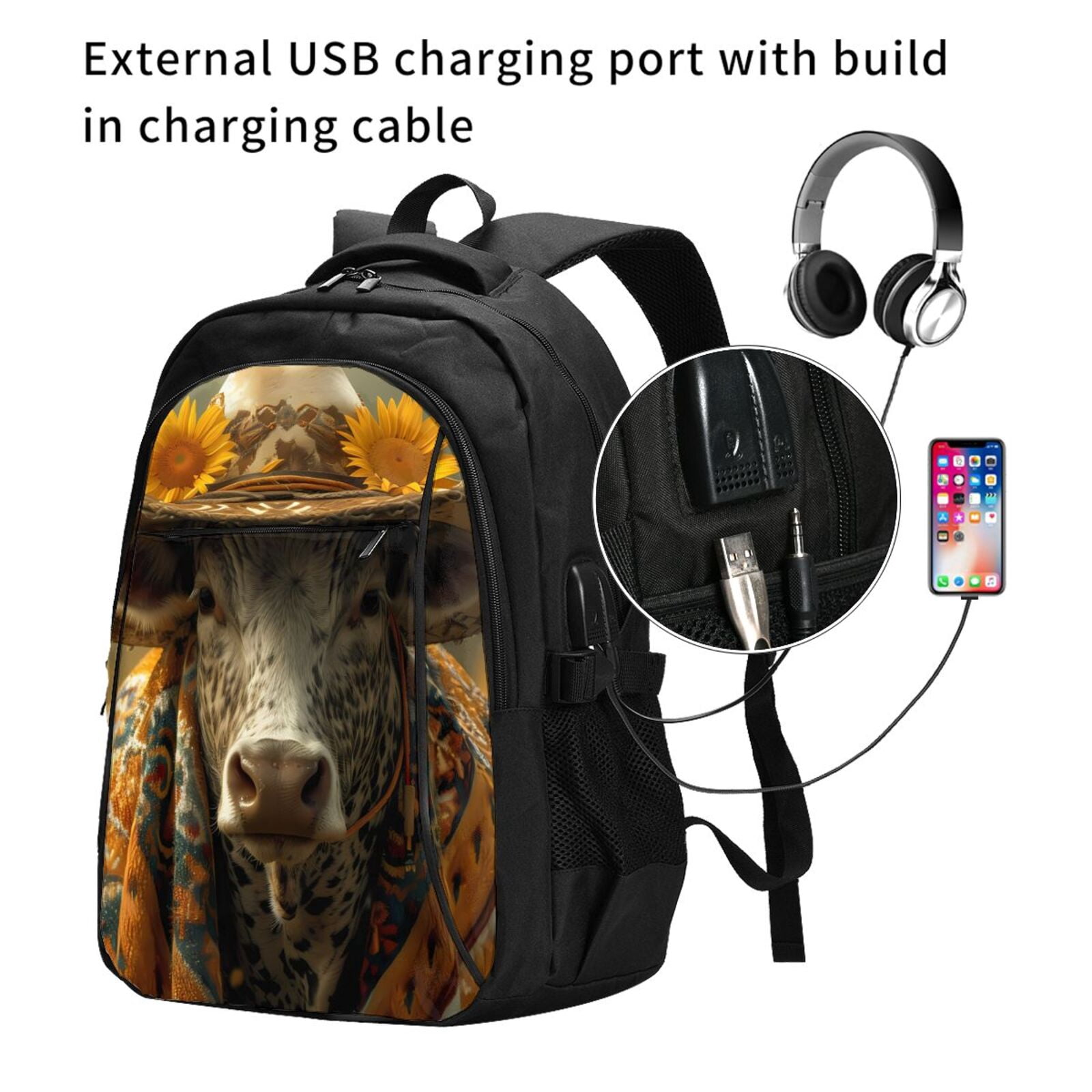 Vsdgher Sunflower Cowboy Hat Cow Print Travel Laptop Backpack, Laptops Backpack with USB Charging Port, Water Resistant Computer Bag Gift for Men & Women