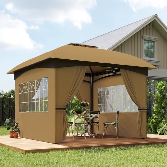 Outsunny 11' x 11' Outdoor Patio Gazebo with Curtains, Church Windows, Galvanized Steel Frame for Lawn, Backyard and Deck, Beige