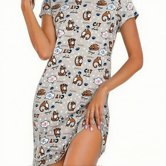 XIAONU Womens Nightshirts Summer Thin Trendy Short Sleeve Floral Nightgown Baggy Oversized Pleasure Round Neck Sleepwear Homewear