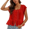 thumbnail image 2 of Cute T Shirts for Women Summer Casual Short Sleeve Lightweight Square Neck Lace Top, 2 of 5